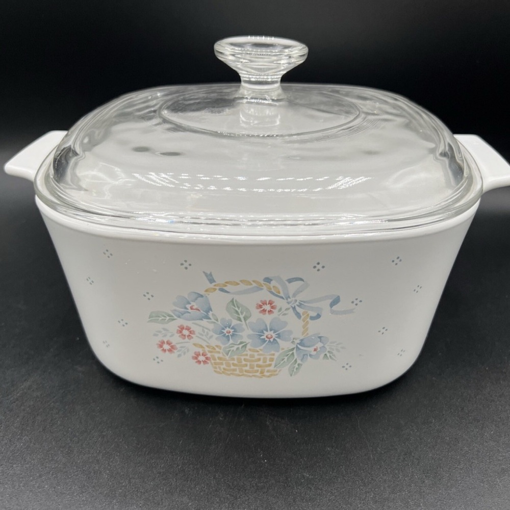 CorningWare White Casserole Dish with Floral Basket Design
